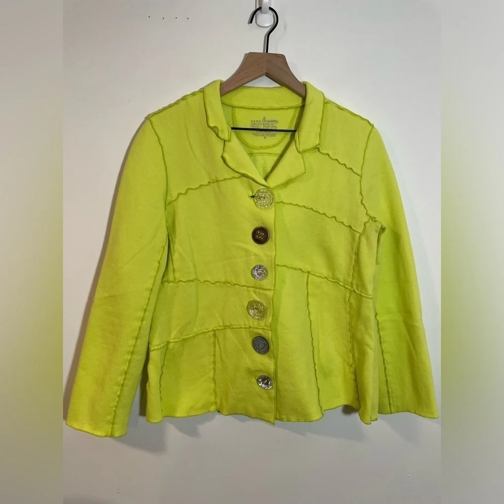 Neon Buddha Yellow Green Mix Buttons Cotton Sweater Jacket Size Medium - Picture 1 of 8